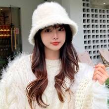 1pc Autumn/Winter Korean Fashion Warm Faux Rabbit Fur Adjustable Bucket Hat, Versatile & Warm, Fits Large Head Circumference, White Fluffy Plush Bucket Hat Winter Warm - White - View 11