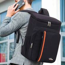 Rucsac izolat - Material Oxford îngroșat, calitate superioară, bretele reglabile și buzunare multiple pentru camping, drumeții, școală - negru cu accente portocalii, nu intră în contact cu alimentele, echipament de drumeție, depozitare pentru camping, design elegant, construcție complet impermeabilă