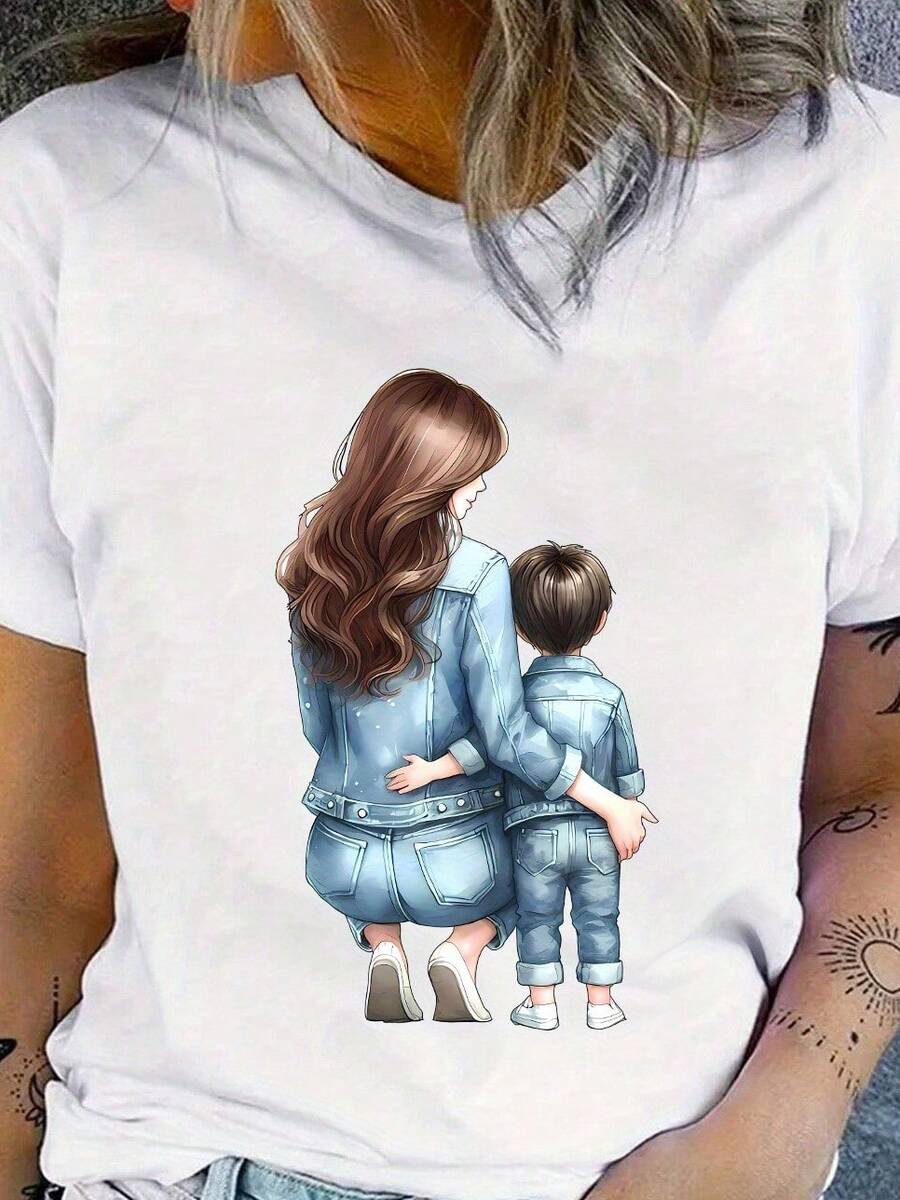 Mother and Son Denim Style graphic print women's T-shirt short sleeve round neck casual top for summer and spring ladies - Blanco - Ver 1