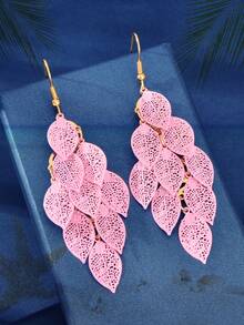 1 Pair Fashionable Hollow Multi-Leaf Pendant Metal Earrings, Suitable For Festivals, Parties And Daily Wear, Women Jewelry - Pink - View 5