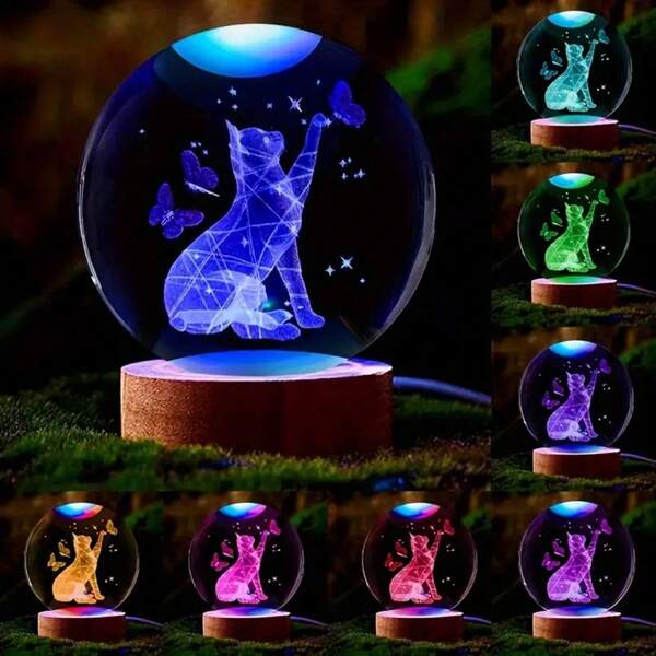 1pc Exquisite Cat Crystal Ball Night Light - 2.36inch Glass Ball Lamp With Wooden Base, Whimsical Cat Lover Gifts For Women, Unique Snow Ball Gift Idea For Friends And Family