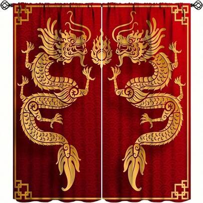 2 Stücke rote 3D-bedruckte Drachen Vorhang-Set, Polyester Tüll Stoff mit Tiermuster, geeignet für Wohnzimmer und Schlafzimmer Dekoration, maschinenwaschbar