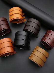 Xiacheng 1/2pcs Adjustable Black Punk Rock Style Triple-Layer PU Leather Bracelet, Punk Wristband Suitable For Men, Couples And Parties - Three-buckle Leather Bracelet - View 4