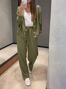 YI XUAN Plus Size Women 2 Pieces Set, Casual Knit Button-Up Cardigan Jacket And Drawstring Pants Elegant Spring - Green - View 2