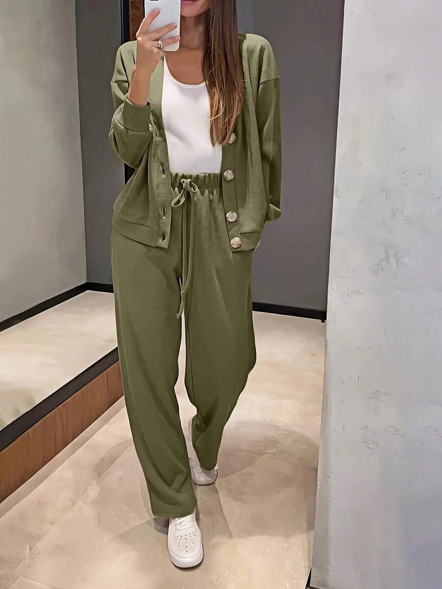 YI XUAN Plus Size Women 2 Pieces Set, Casual Knit Button-Up Cardigan Jacket And Drawstring Pants Elegant Spring