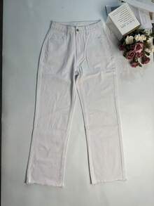 复古美式街头风女式牛仔裤，无弹力直筒牛仔裤，欧美嘻哈风 - 白色 - 查看 6