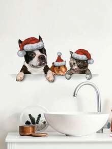1 pieza Pegatina decorativa navideña, Patrón creativo de mascotas navideñas, Aplicable a sala de estar, dormitorio, baño, Pegatina autoadhesiva extraíble de PVC, Decoraciones navideñas, Decoración del hogar, Decoración de habitación, Decoración de pared, Pegatinas