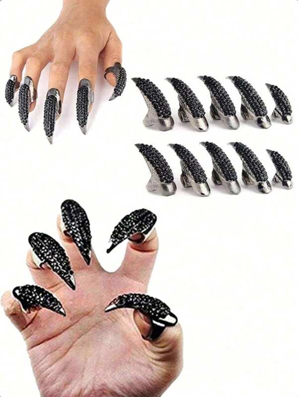 1PC/5PCS爪形指甲，指甲，鹰爪戒指，朋克风格猫爪戒指，哥特式假指甲，盔甲效果手指关节弯曲锋利的爪子，适合角色扮演派对，男女通用万圣节礼物，夸张长指甲，个性化时尚风格，镶钻长指甲戒指套装，朋克风格戒指，一年4个季节都可以使用