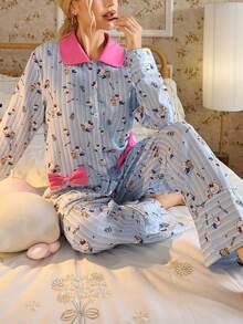 Sanrio 2pcs  Striped Long Sleeve Top And Pants Pajama Set, Cute, Elegant, Romantic, Charming, Casual, Suitable For Spring And Autumn, Fall Clothes - Blue and White - View 1
