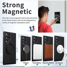 1pc Aunote High-Quality Luxury Litchi Grain PU Leather 360° Rotating Ring Holder Magnetic Protective Phone Case, Comfortable Surface, Smooth Rotating Ring Stand, Ideal For Streaming, Office, Photography, Supports Wireless Charging, Car Mount, Suitable Compatible With Samsung Galaxy S23 Ultra/S24 Ultra/S25 Ultra, Unisex Premium Gift - 黑色 - 查看 9