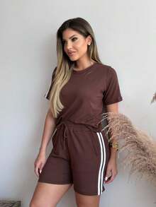 Tracksuit Set Knit Shorts Blouse Stripe Striped Casual Elegant Conservative/Modest Fabric Knot Side Stripe Drawstring Holiday - 鏽棕色 - 查看 3