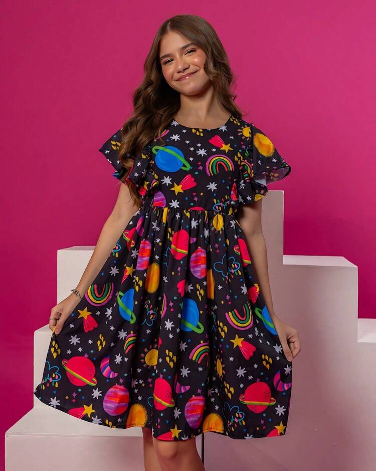Planetas Dress For Kids And Youth, Girls' Clothing, Sizes 4, 6, 8, 10, 12, 14, 16, Fresh And Light - Immediate Shipping NFe - Đầy màu sắc - Xem 2