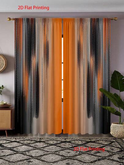 2pcs Modern Orange & Black Ombre Curtains - UV Blocking, Semi-Sheer Blackout Curtains, Suitable For Living Room Or Bedroom Decor, Fashionable Distressed Rust Design, Polyester Fabric, Easy Care, Great For Home Or Gift, Living Room Curtains. 2D Print Effect Affordable Curtains