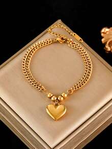 Multi-Layer Gold Heart Pendant Necklace & Bracelet Jewelry Set For Women, Stainless Steel Everyday Wear & Gift - Yellow Gold - View 3