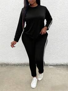 Plus Size Women's Casual Black & White Striped 2 Pieces Set, Autumn - Black and White - View 2