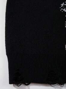 Men's Casual Loose Solid Color Pullover Sweater With Cross And Rose Graphic, Vintage American Gothic Style, Long Sleeve Knitted Top For Autumn And Winter - Black - View 7