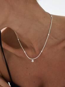 1pc Copper Plated Silver Luxury Shiny Cubic Zirconia Pendant Necklace, Versatile Accessory For Women