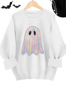 [Egg Tart Direction]Halloween Theme Cute Ghost Print Fashion Sweatshirt, Casual Crew Neck Long Sleeve Loose Comfortable Sweatshirt, Fun Halloween Gift, Women's Top 2025 - 查看 1
