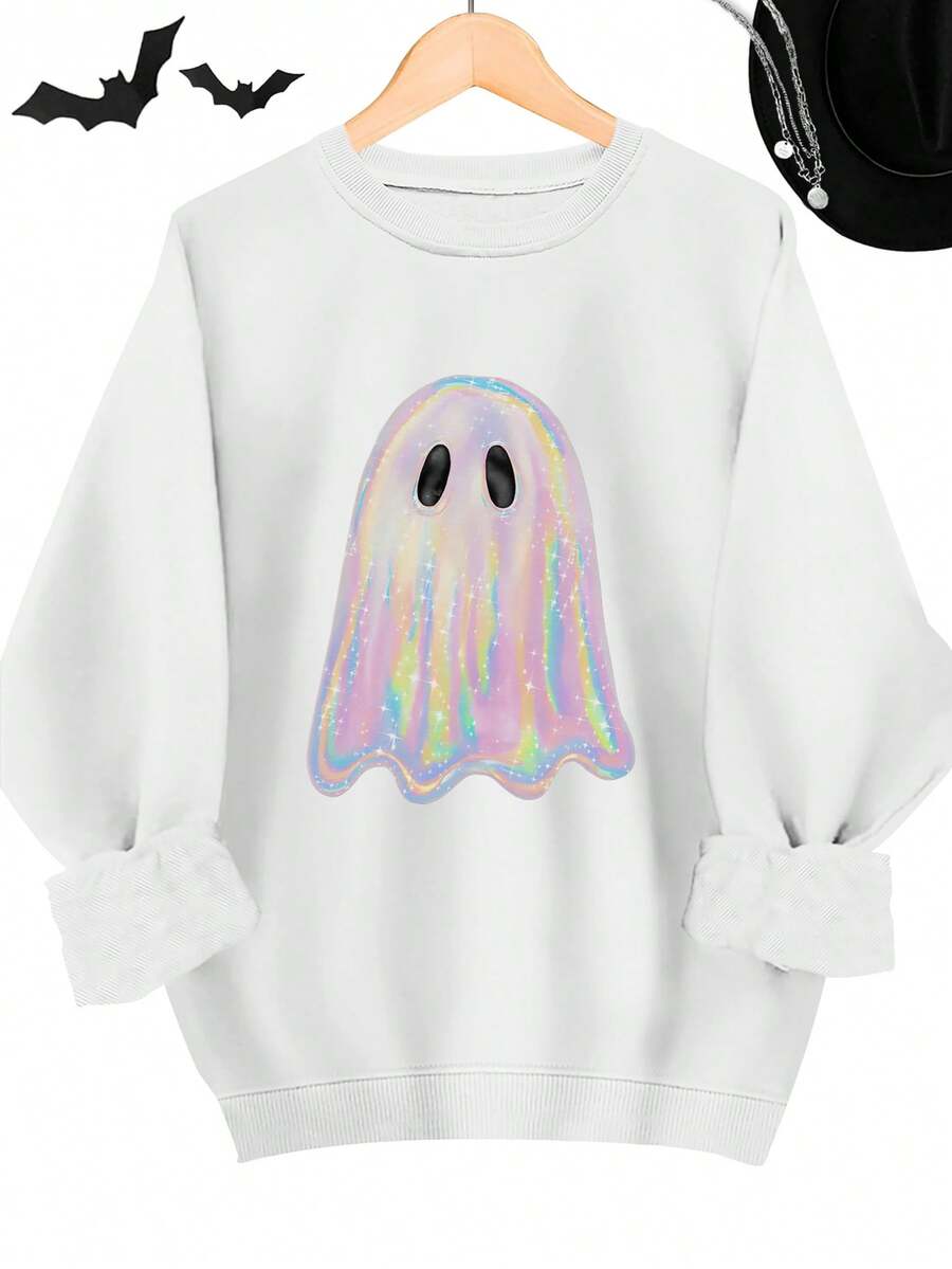 [Egg Tart Direction]Halloween Theme Cute Ghost Print Fashion Sweatshirt, Casual Crew Neck Long Sleeve Loose Comfortable Sweatshirt, Fun Halloween Gift, Women's Top 2025 - 查看 1