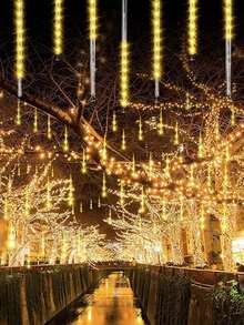 1pc Solar Powered Lights, Suitable For Garden, Landscape, Pathway, Yard, Lawn, New Year Holiday Gift, Solar Outdoor Christmas Lights, Solar Raindrop Lights String, 8 Tubes 192 LED Meteor Shower Lights, Raindrop, Snowflake, Icicle Waterfall Lights, Applicable For Christmas Decoration, Wedding Party Lighting - Multicolor - View 7