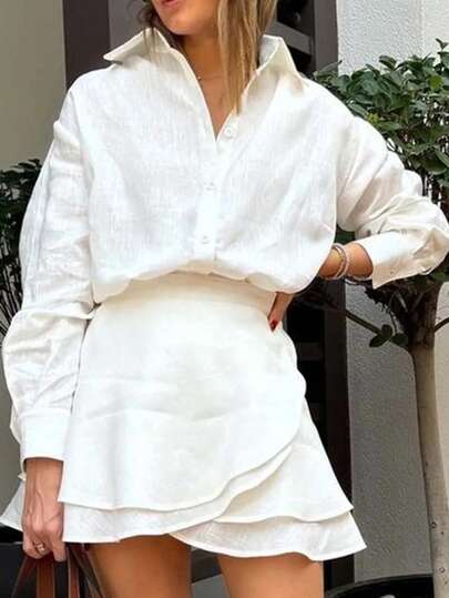 Conjunto de camisa y falda elegante para mujer, de unicolor, con botones delanteros elegantes y cintura anudada, adecuado para la oficina, uso diario, citas, aeropuerto, primavera/otoño