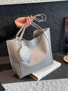 时尚多功能通勤大容量单肩手提包 - 灰色 - 查看 3