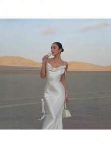 2025 Spring And Autumn Women's Dress Celebrity Pure Desire White Satin Halter Party Dress - 白色 - 查看 3