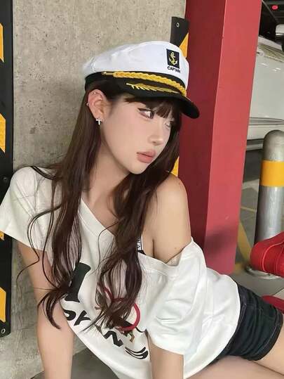 1pc Or 2pcs Unisex Embroidered Flat Top White Sailor Cap, Navy Hat For Beach, Yacht, Role Play, Suitable For Daily Outings And Parties