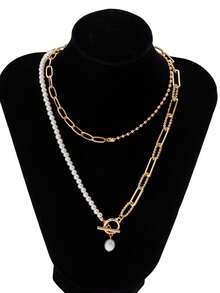 1pc Fashion Long Beaded Chain Necklace, Multilayer Vintage Pearl Clasp Necklace For Women, Suitable For Casual, Dates, Vacation, Weddings, Holidays - Chain Order & Pearl Shape Random - Gold - View 2