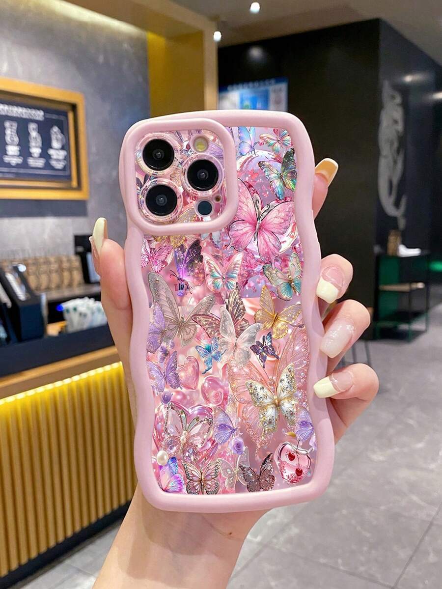 Shockproof Butterfly Element Novelty 1pc Colorful Butterfly Wave Shockproof Phone Case UV Printed Compatible With IPhone/Galaxy/Compatible With /Compatible WIth /Compatible With /MOTO/Compatible With Spring Gift,International Version, Not The Domestic Version - Pink - View 1