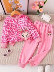 Bộ 2 món/Bộ áo nỉ cổ tròn in họa tiết da báo màu hồng dễ thương hình thỏ thời trang cho bé gái và quần thể thao ôm vừa vặn thoải mái, quà tặng cho bé gái thích hợp mặc hàng ngày vào mùa xuân, mùa hè, mùa thu, mùa đông và ngày lễ - Hồng - Xem 11