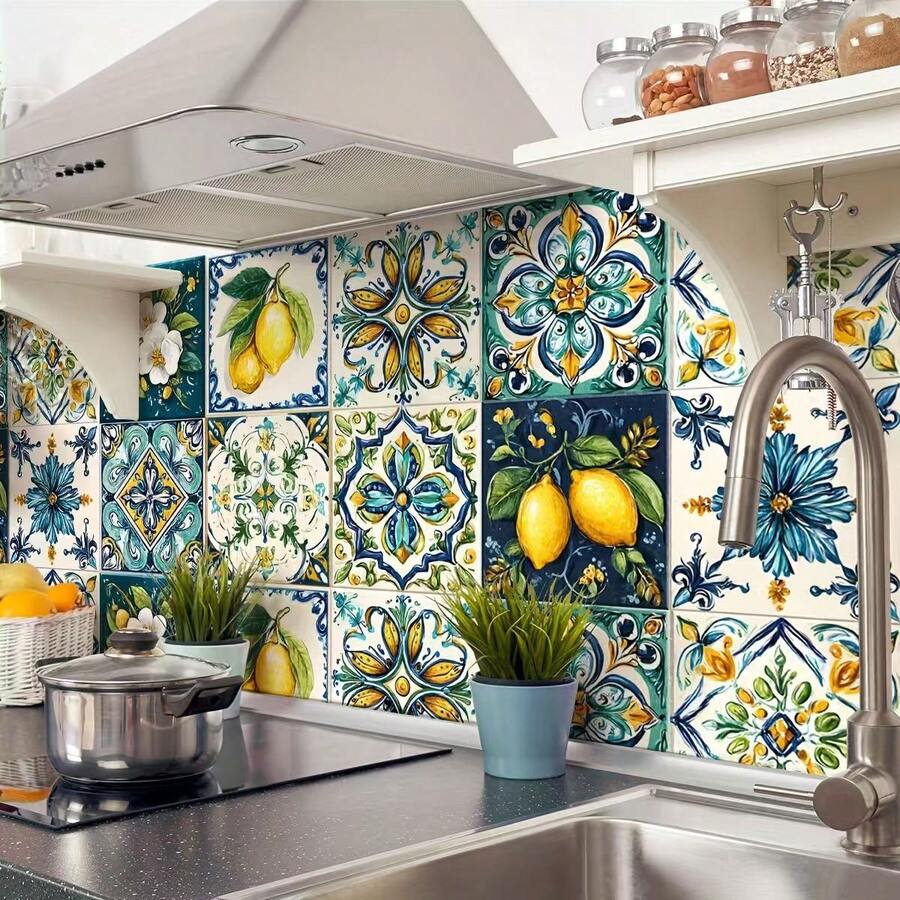 10x10cm Waterproof PVC Self-Adhesive Wall Stickers With Vibrant Blue, Yellow, Green And White Lemon And Floral Patterns, Suitable For Bathroom, Kitchen And Toilet, Easy To Remove, No Power Required, Bathroom Wall Decor, Kitchen Decoration, Vivid Design, Oil-Resistant Material - Multicolor - View 1