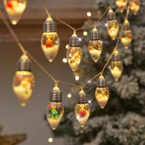 1 pieza Luces de cuerda en forma de bola de nieve LED para vacaciones, 200cm - Alimentado por batería, 10 bombillas LED, adecuado para decoración navideña y de vacaciones, regalo perfecto para el árbol, celebraciones de invierno y Año Nuevo, baterías no incluidas | Iluminación de vacaciones | Lámpara de plástico resistente, decoración navideña