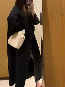 Solid Open Front Loose Knit Cardigan, Casual Long Sleeve Long Length Sweater With Pocket, Women's Clothing - Black - View 3