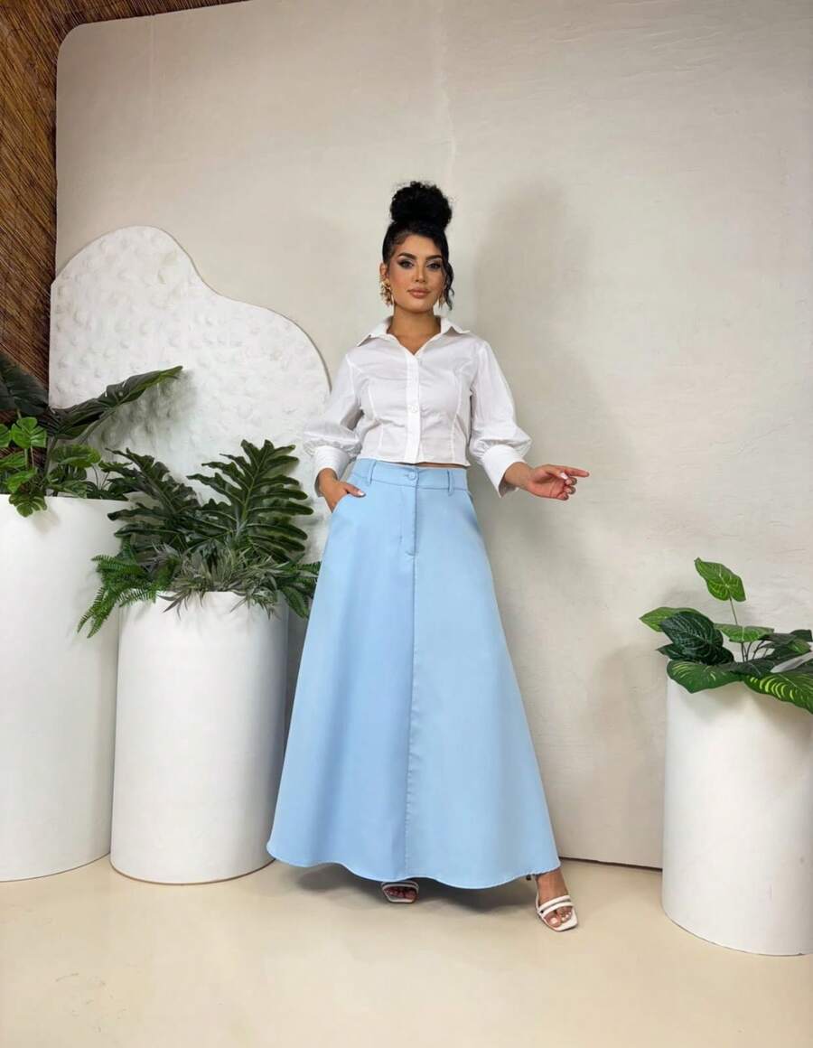 WOMEN'S LONG TAILORED SKIRT, EVANGELICAL FASHION, HIGH WAIST - Baby Blue - View 1