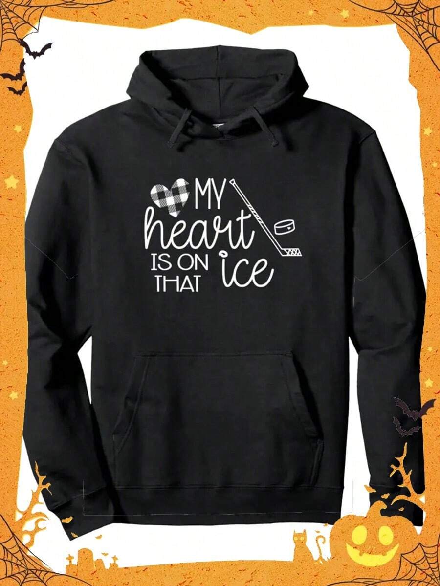 My Heart Is On That Ice Cute Hockey Mom Wife Girlfriend Gift Pullover Hoodie - Fashionable Cut With Front Pouch Pocket, Warm & Comfy For Everyday Daily Wear,Fall Hoodies,Men's Fall Clothes,Street Wear,Halloween,Mens Hoodies,Y2k Clothes,Jesus Hoodie,Thanksgiving Day,Nightmare Before Christmas,Christmas - 黑色 - 查看 1