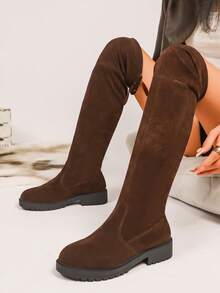 Stivali al ginocchio  nuovi per l'autunno/inverno 2025, stivali lunghi versatili e confortevoli, stile retrò minimalista a tinta unita, stivali da equitazione con gambale alto ed elastico per le donne - Castano - Visualizzare 1