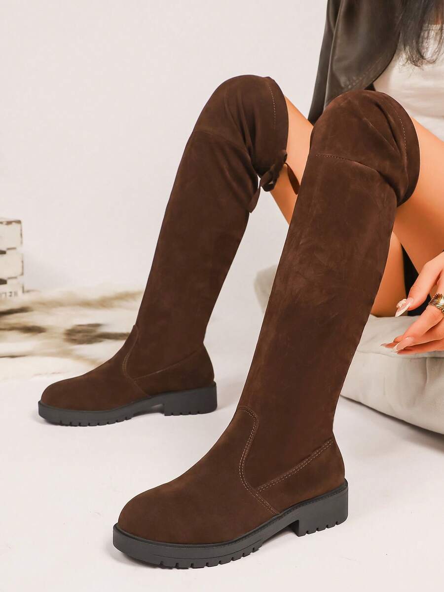 Stivali al ginocchio  nuovi per l'autunno/inverno 2025, stivali lunghi versatili e confortevoli, stile retrò minimalista a tinta unita, stivali da equitazione con gambale alto ed elastico per le donne - Castano - Visualizzare 1