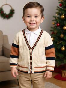BOARNSEORL Boys' Khaki Contrast Stripe Button-Front Cardigan, Fashionable And Versatile For Outings, School, Travel, Spring/Autumn - Khaki - View 2