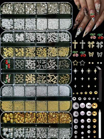 5Box Random Mixed Punk Nail Charms Gold And Silver Alloy Bow Rivets Star Small Steel Balls Pearl Cherry Rhinestone Tweezers Pen Versatile Nail Art Accessories DIY