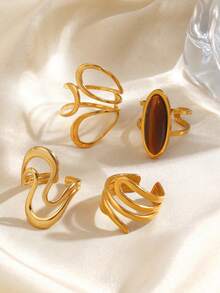 4pcs/Set Stainless Steel Minimalist 18K Gold Plated Geometric Tiger Eye Stone Line Open Ring, Suitable For Women's Daily Wear - Multicolor - View 5