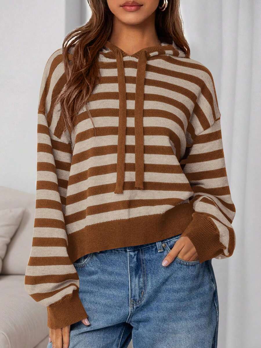 Womens Striped Sweaters Fall Pullover Hoodies Y2K Casual Long Sleeve Tops Winter Fashion Clothing - Thanh cà phê mơ - Xem 1