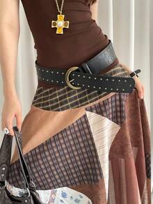 1pc Solid Color Vintage Punk Rivet Studded PU Leather Belt, Versatile For Women