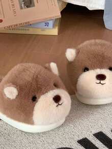 Dép đi trong nhà họa tiết gấu dễ thương màu nâu kaki thường ngày cho nữ, đế dày ấm áp, chống trượt, đế mềm thoải mái, mùa xuân/thu/đông - Màu Khaki - Xem 4