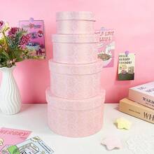 Set de 4 cutii cadou rotunde cu model de trandafiri, hârtie imprimată elegantă, design revigorant cu mai multe straturi și capacitate, DIY și stivuibil, potrivit pentru cadouri de ziua de naștere, nuntă, sărbători - Multicolor - Vizualizare 4