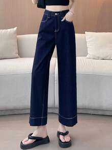 女士新款休闲时尚撞色拼接百搭显瘦直筒牛仔裤，阔腿裤脚设计拉长腿部线条，春夏新品，适合日常穿着、下午茶、度假、摄影等各种场合，四季皆宜。 - 藏蓝色 - 查看 5