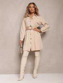 Abito camicia casual da donna con bottoni davanti e vestibilità ampia - Beige - Visualizzare 2