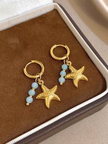 1 par de pendientes colgantes de estrella de mar de verano con circonita, pendientes colgantes dorados para mujer de acero inoxidable para uso diario, fiesta, joyería, regalos de Halloween y Navidad