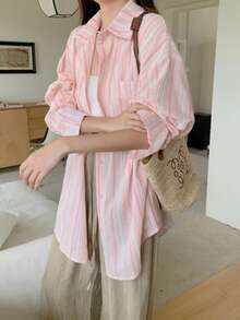 YUXIN 新品上市！透气舒适的粉色条纹女式衬衫。宽松版型，翻领长袖设计，可单穿或作为内搭。适合春夏穿着，通勤和休闲购物皆宜。女士衣橱必备单品，圣诞节/万圣节完美之选！ - 粉色 - 查看 7