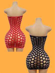 2 件套性感内衣，加大码性感睡衣裙，女士镂空露肩高弹力渔网筒裙 - 黑色+紅色 - 查看 6